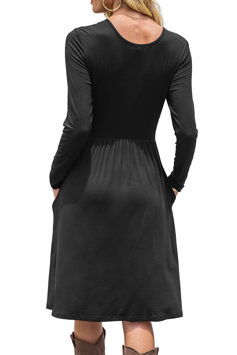 DB MOON Women Casual Long Sleeve Dresses Empire Waist Loose Dress with Pockets (Black, S) - Image 2